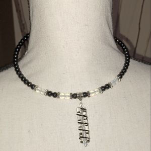 Beaded necklace black silver NWOT